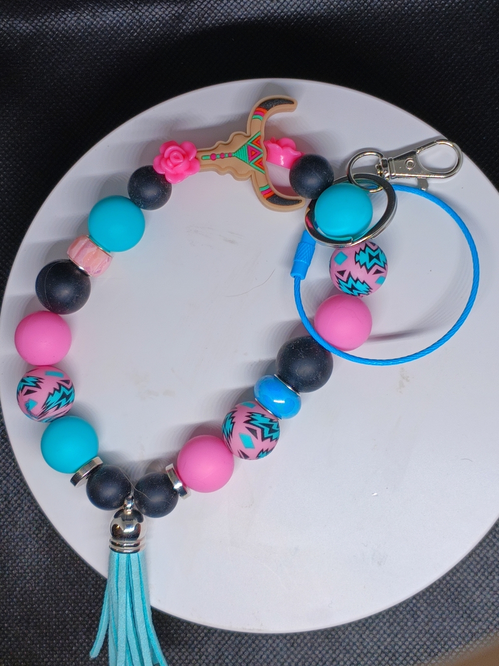 Colorful Beaded Keychain with Tassel (Pink & Turquoise)